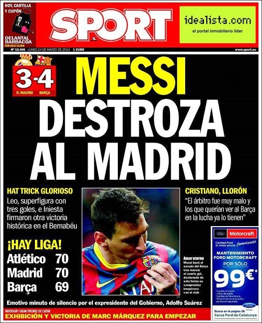Real Madrid-Barcelona portada 23/03/2014 diario SPORT Real Madrid-Barcelona portada 23/03/2014 diario SPORT