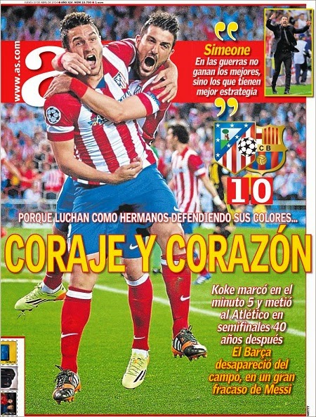 Portada As 10/4/2014 Atletico Madrid 1-Barcelona 0 Champions League Portada AS10/4/2014 Atletico Madrid 1-Barcelona 0 Champions League