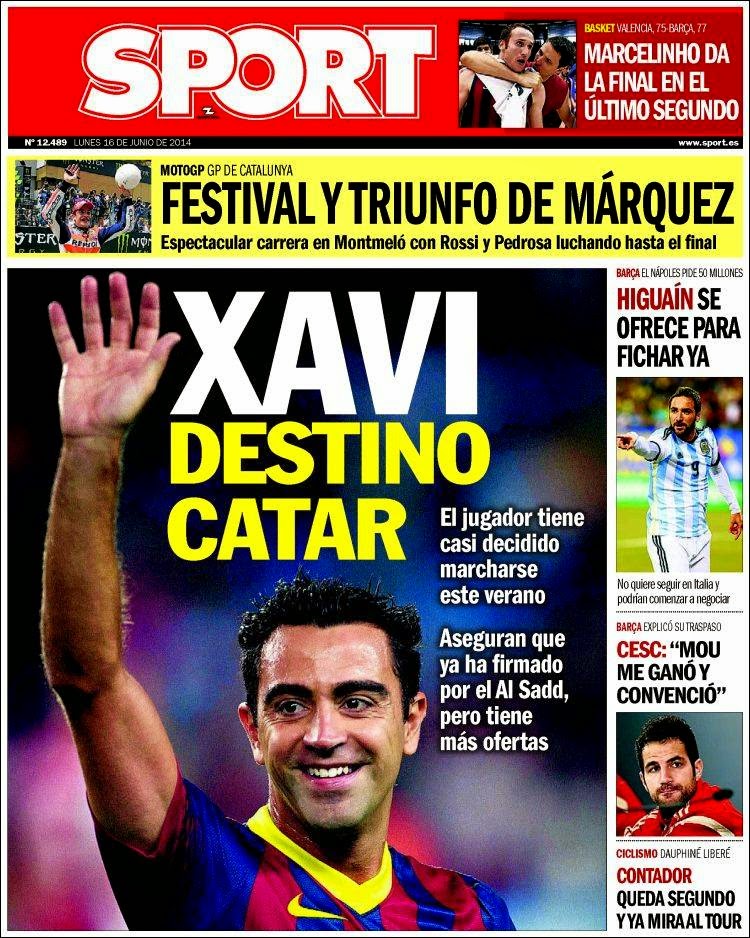 Portada Sport. Mundial Brasil 2014 Portada Sport. Mundial Brasil 2014 xavi se va a catar