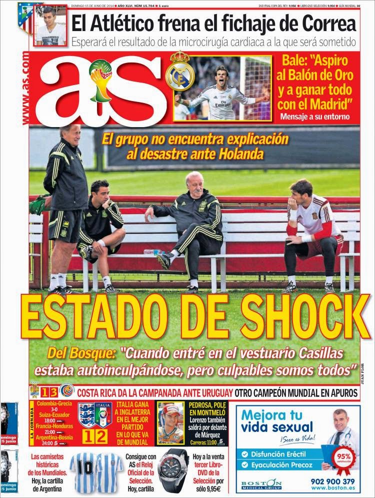 Portada AS, la roja post caída ante Holanda Portada AS la roja post caída ante Holanda mundial brasil 2014