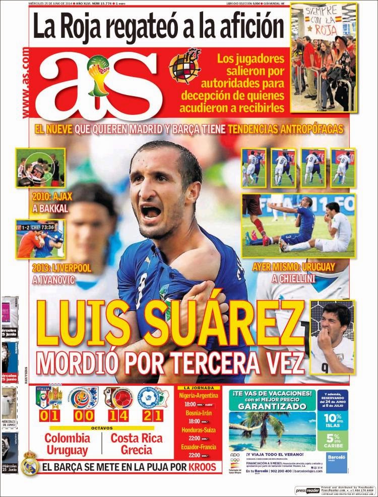 Portada AS, Mundial de Brasil Italia eliminada, Suárez vuelve a morder: Las portadas de la prensa as