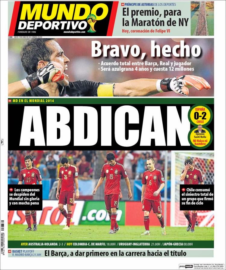 Portada Mundo Deportivo: España eliminada del Mundial Brasil 2014 Portada Mundo Deportivo: España eliminada del Mundial Brasil 2014