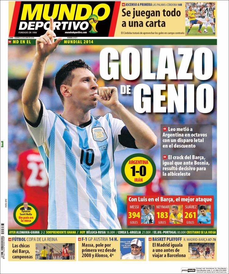 Portada Mundo Deportivo Mundial Brasil: Golazo de genio Portada Mundo Deportivo Mundial Brasil: Golazo de genio leo messi