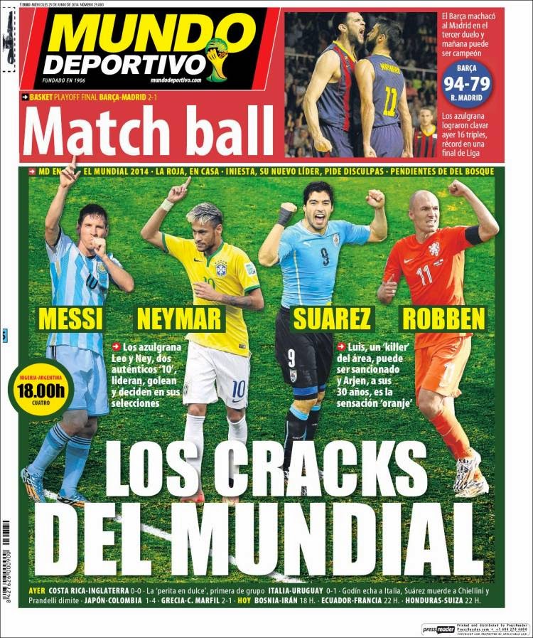 Portada Mundo Deportivo: Los cracks del Mundial Italia eliminada, Suárez vuelve a morder: Las portadas de la prensa mundo deportivo
