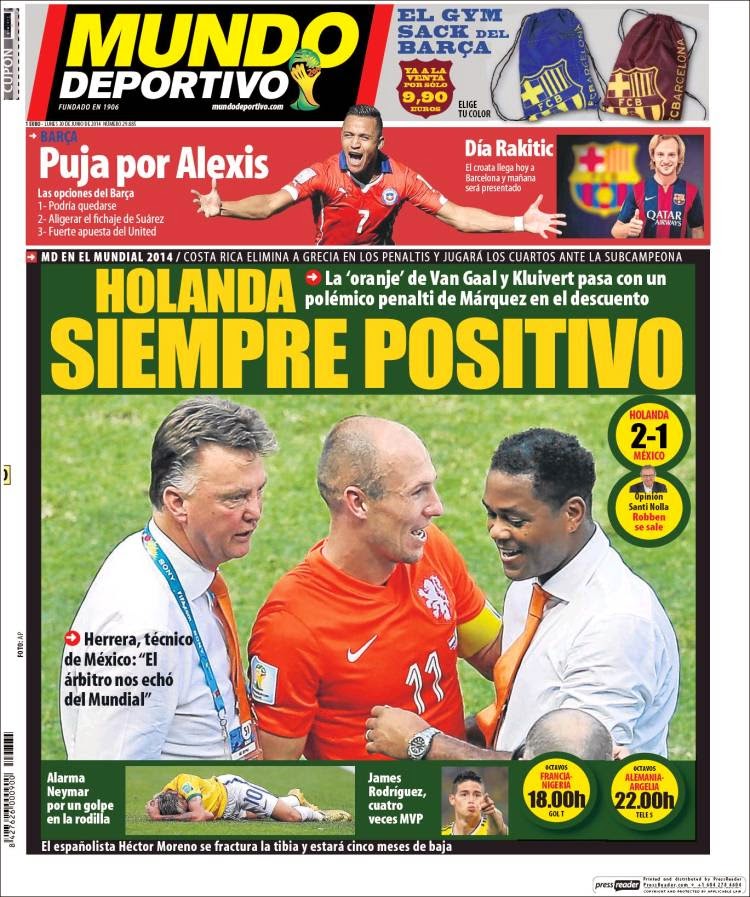 James hincha del Madrid, Holanda y los ticos a cuartos: Las portadas mundo deportivo