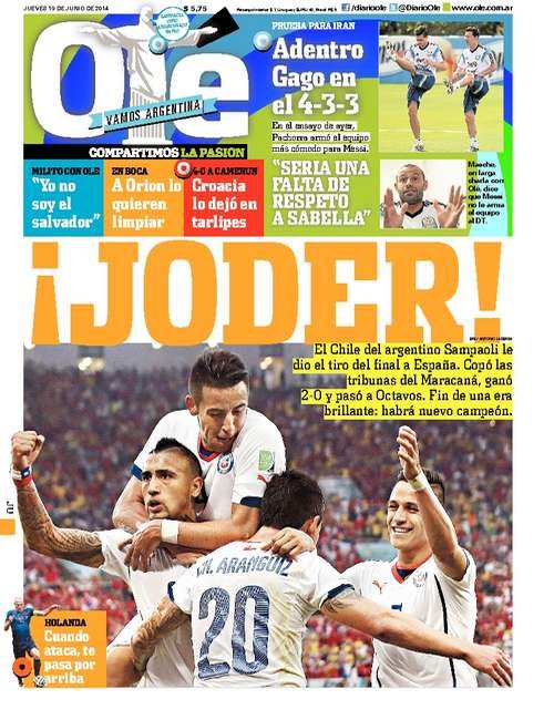 Portada Olé: España eliminada del Mundial Brasil 2014. Chile clasifica a octavos Portada Olé: España eliminada del Mundial Brasil 2014. Chile clasifica a octavos