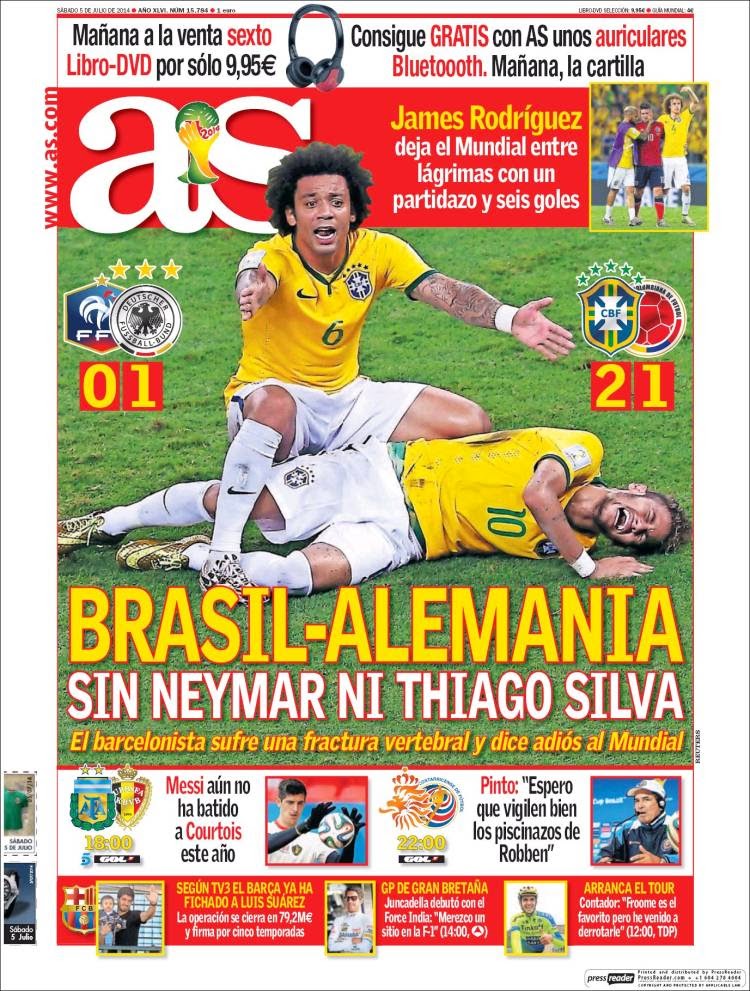Portada AS, lesión Neymar contra Colombia, Mundial Brasil 2014 Portada AS, lesión Neymar contra Colombia, Mundial Brasil 2014