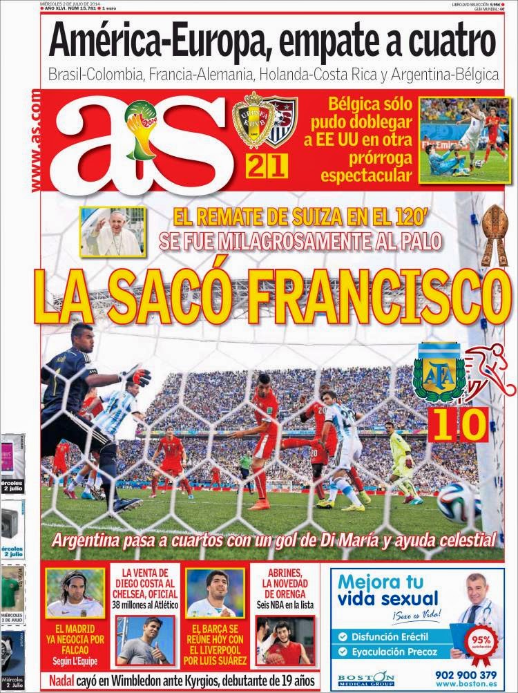Portada AS: Argentina 1-Suiza 0 Mundial Brasil 2014 Portada AS: Argentina 1-Suiza 0 Mundial Brasil 2014