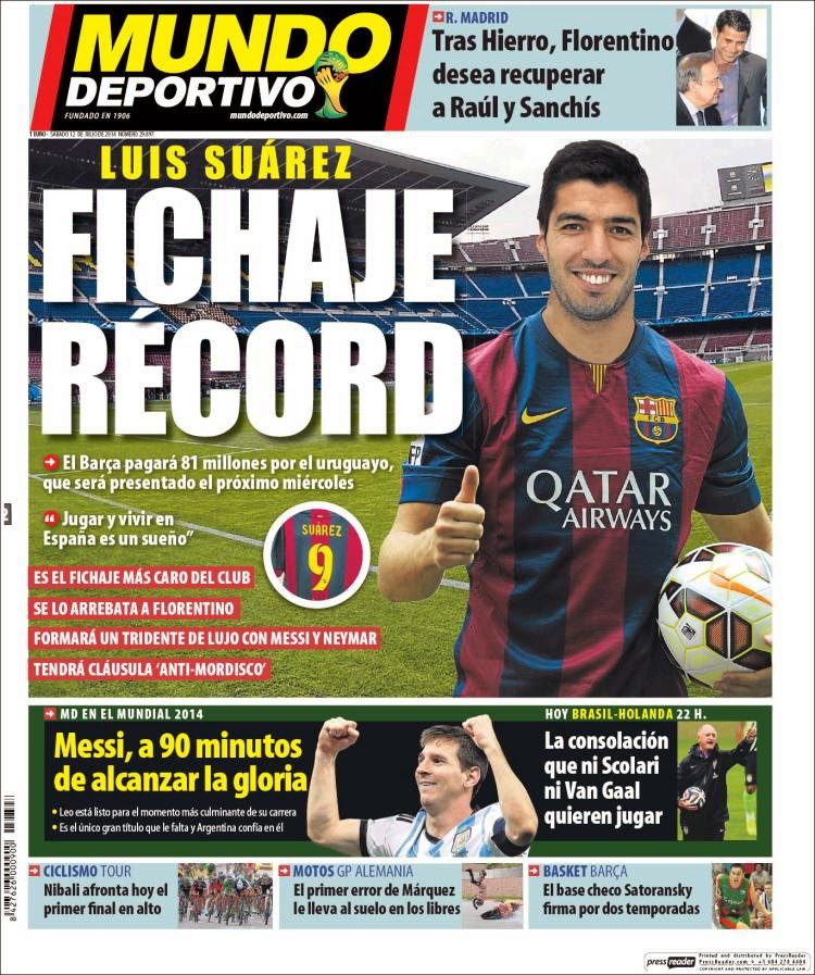 Portada Mundo Deportivo: Luis Suárez ficha por el F.C Barcelona Portada Mundo Deportivo: Luis Suárez ficha por el F.C Barcelona