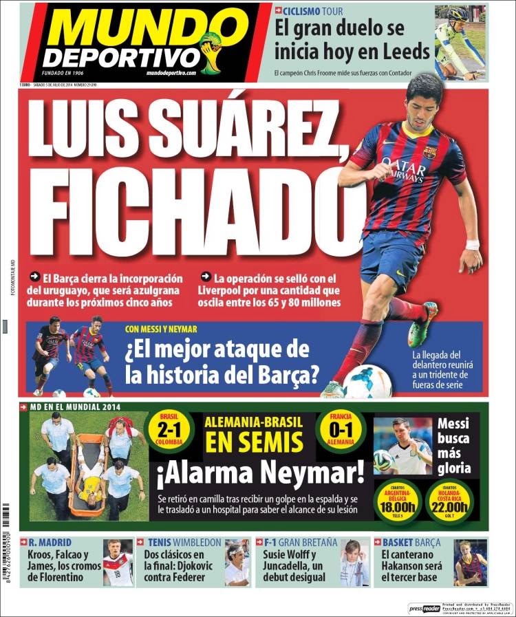 Portada Mundo Deportivo, lesión Neymar contra Colombia, Mundial Brasil 2014 Portada Mundo Deportivo, lesión Neymar contra Colombia, Mundial Brasil 2014