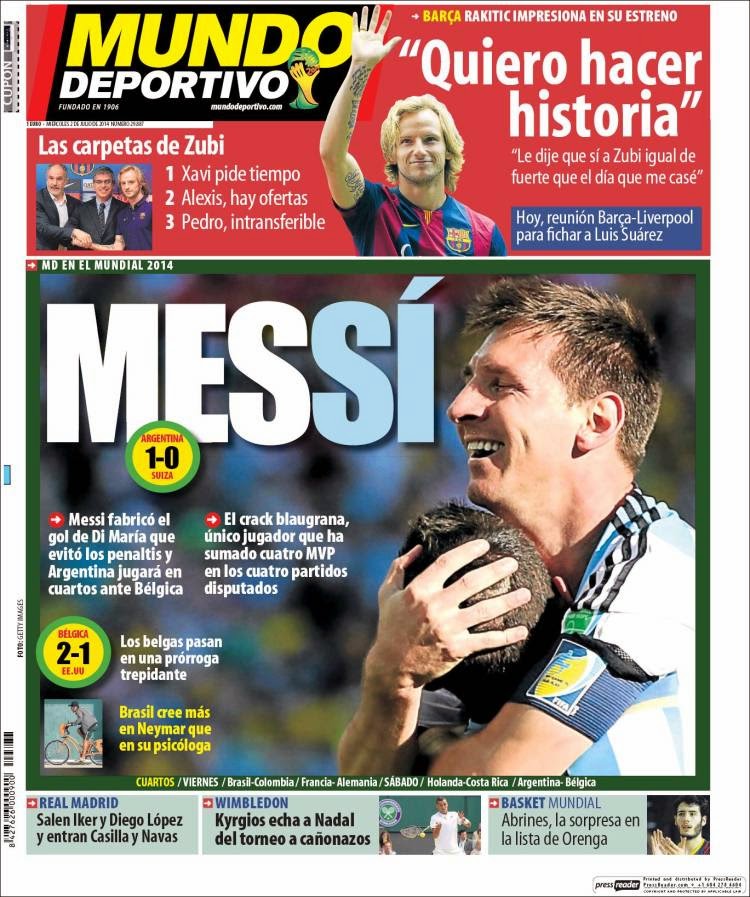 Portada Mundo Deportivo: Argentina 1-Suiza 0 Mundial Brasil 2014 Portada Mundo Deportivo: Argentina 1-Suiza 0 Mundial Brasil 2014