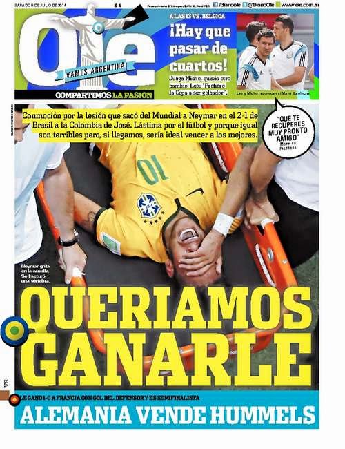 Portada Olé, lesión Neymar contra Colombia, Mundial Brasil 2014 Portada Olé, lesión Neymar contra Colombia, Mundial Brasil 2014