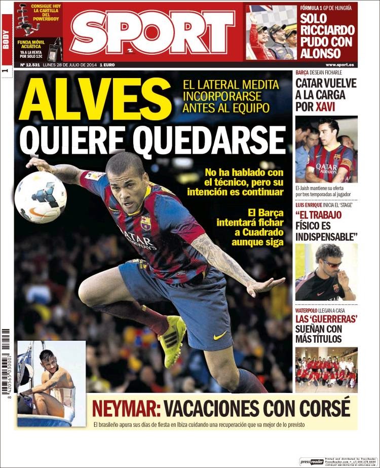 Portada Sport: Alves quiere quedarse Portada Sport: Alves quiere quedarse