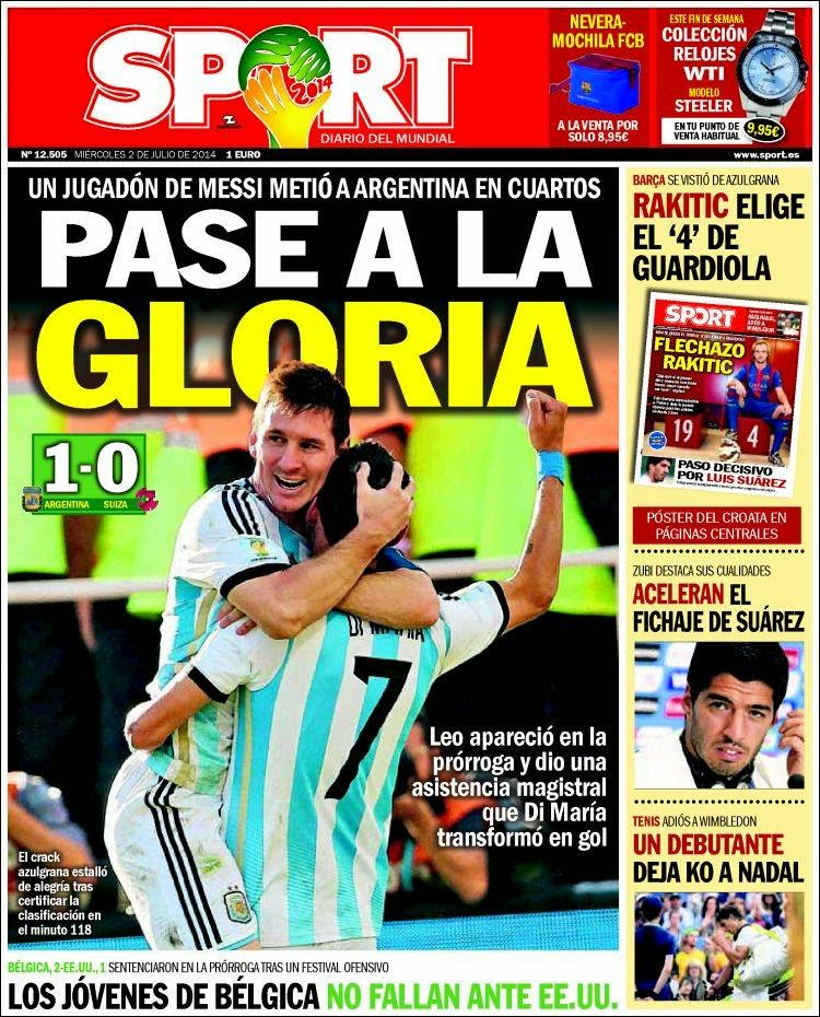 Portada Sport: Argentina 1-Suiza 0 Mundial Brasil 2014 Portada Sport: Argentina 1-Suiza 0 Mundial Brasil 2014