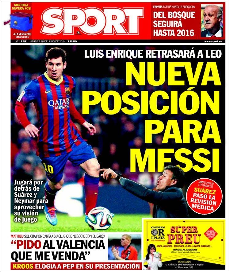 Portada Sport: nueva posición para Messi Portada Sport: nueva posición para Messi