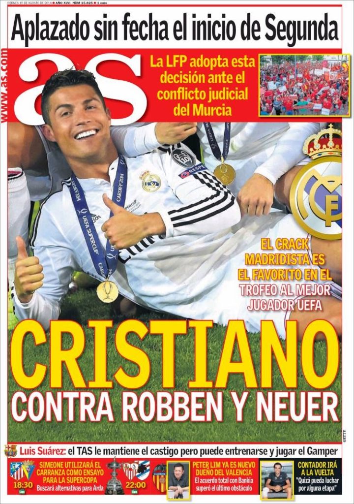 Portada AS: Cristiano, Robben y Neuer candidatos a mejor Jugador Uefa Portada AS: Cristiano, Robben y Neuer candidatos a mejor Jugador Uefa