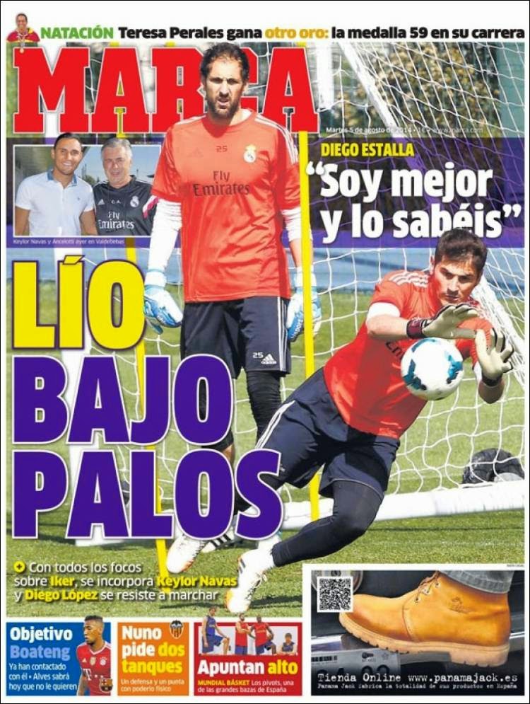 Portada Marca: lío en la portería del Madrid, Casillas-López-Navas Portada Marca: lío en la portería del Madrid, Casillas-López-Navas pelean por un puesto