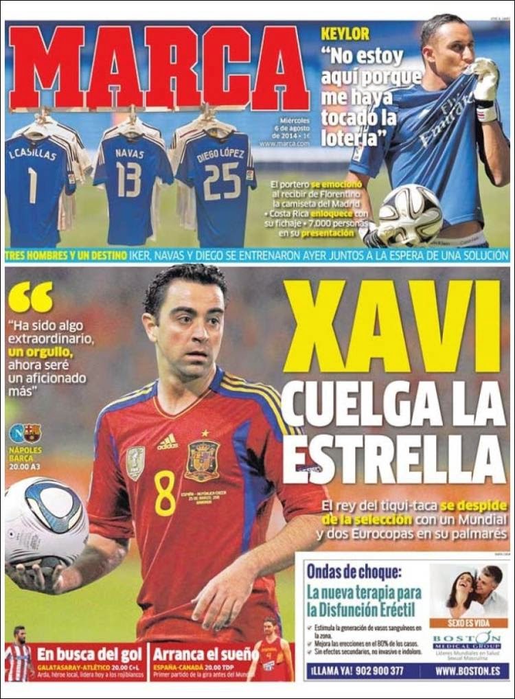 Portada Marca: Xavi Hernández deja la selección española Portada Marca: Xavi Hernández deja la selección española presentan a Keylor Navas real madrid