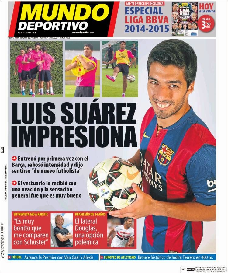 Portada Mundo Deportivo: Primer entrenamiento de Luis Suárez Portada Mundo Deportivo: Primer entrenamiento de Luis Suárez