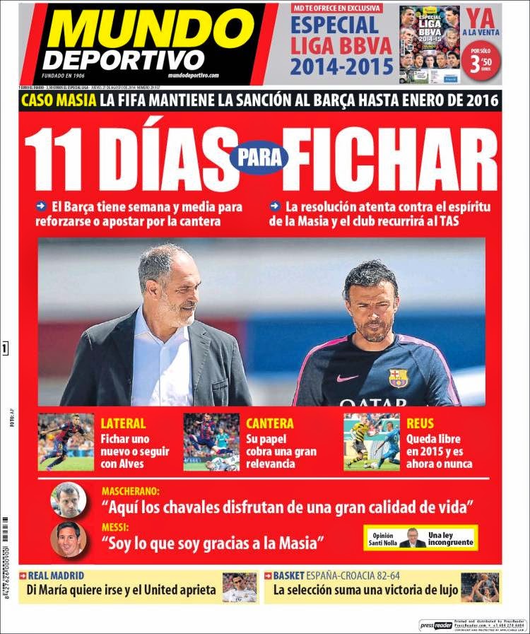Portada Mundo Deportivo: El Barcelona no podrá fichar hasta 2016 Portada Mundo Deportivo: El Barcelona no podrá fichar hasta 2016