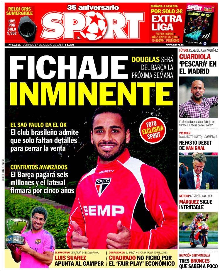 Portada Sport: Fichaje inminente de Douglas Portada Sport: Fichaje inminente de Douglas