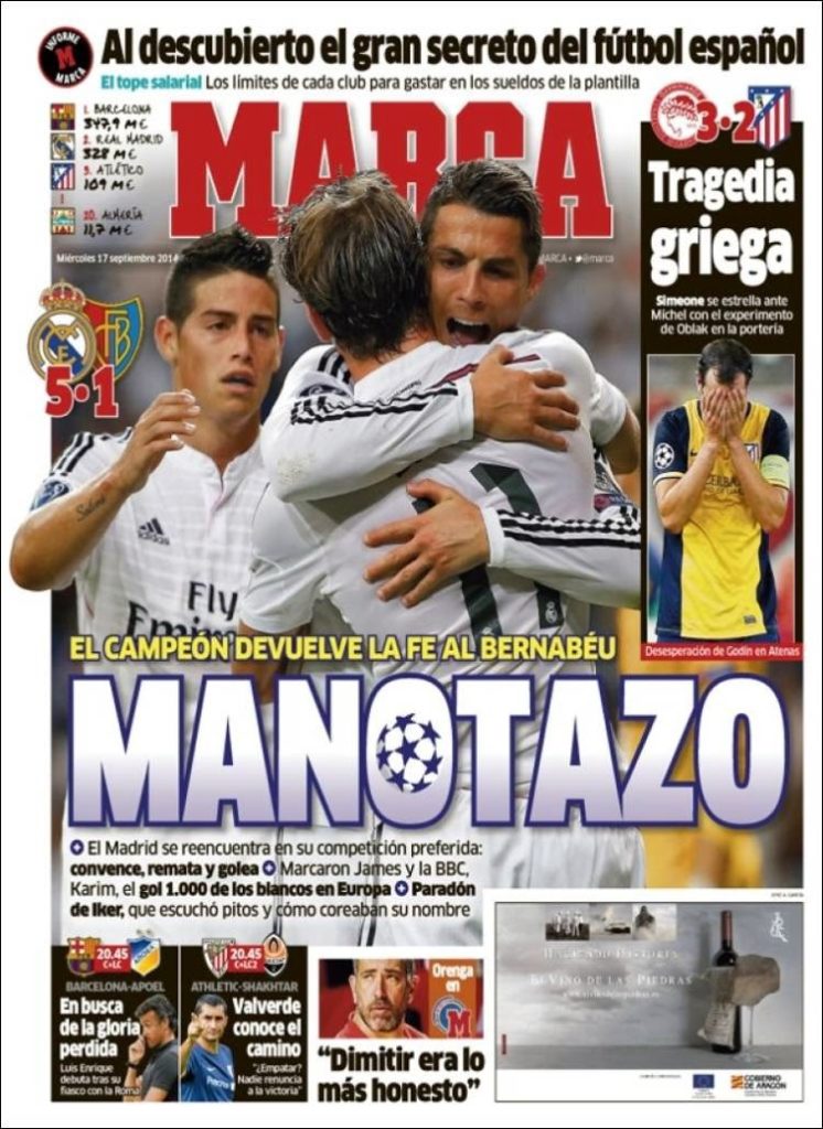 Portada Marca: El Real Madrid golea 5-1 al Basilea Portada Marca: El Real Madrid golea 5-1 al Basilea