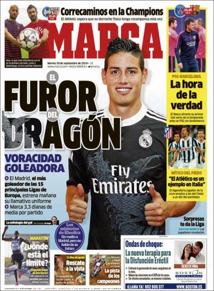 Vuelve la Champions con PSG-Barça, James el dragón del gol: las portadas