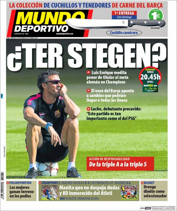 Portada Mundo Deportivo: El Barça debuta ante el APOEL Nicosia Portada Mundo Deportivo: El Barça debuta ante el APOEL Nicosia
