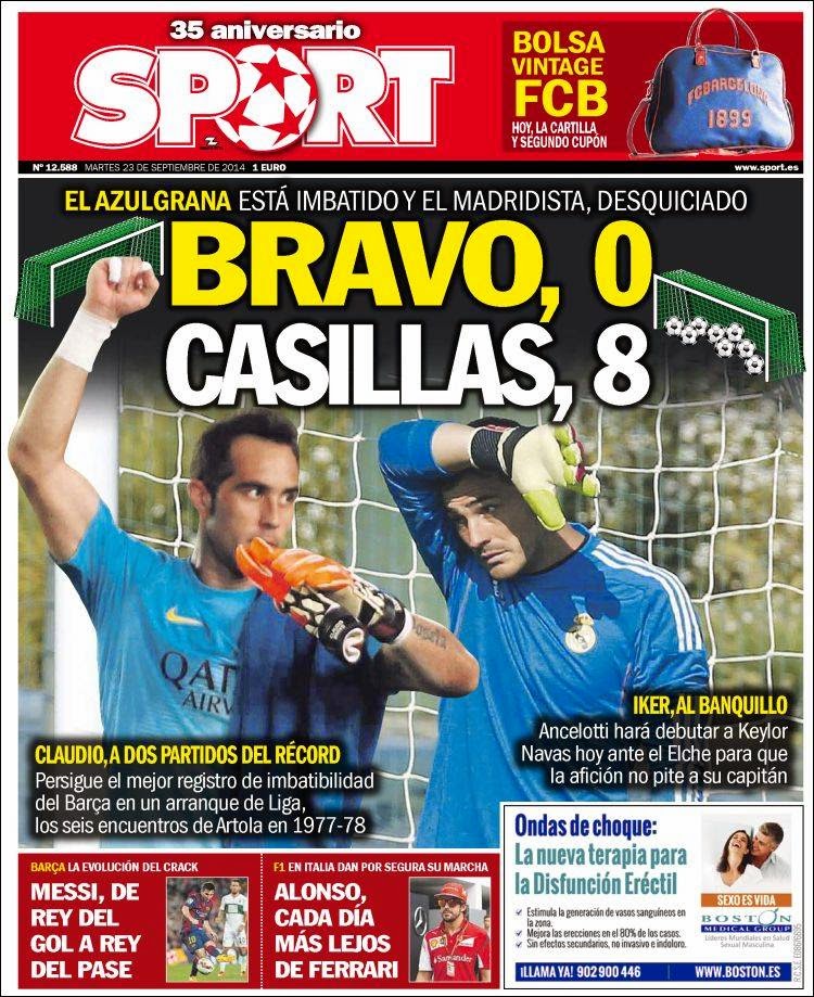 Portada Sport: Bravo vs. Casillas Portada Sport: Bravo vs. Casillas