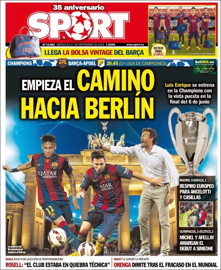 Portada SPORT: El Barça debuta ante el APOEL Nicosia Portada SPORT: El Barça debuta ante el APOEL Nicosia