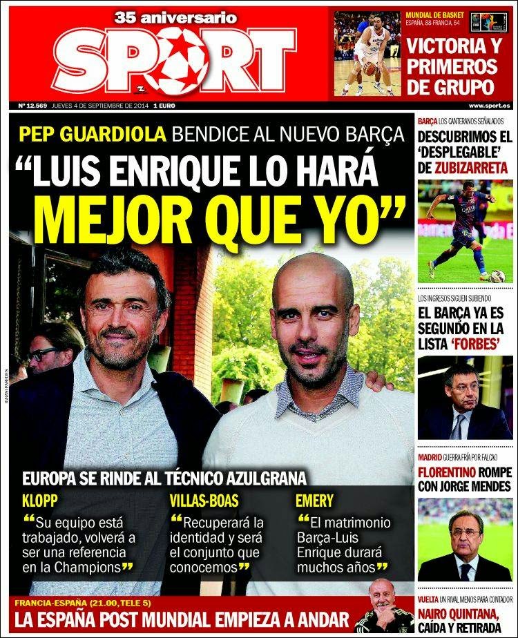 Portada Sport: Luis Enrique y Pep Guardiola Portada Sport: Luis Enrique y Pep Guardiola