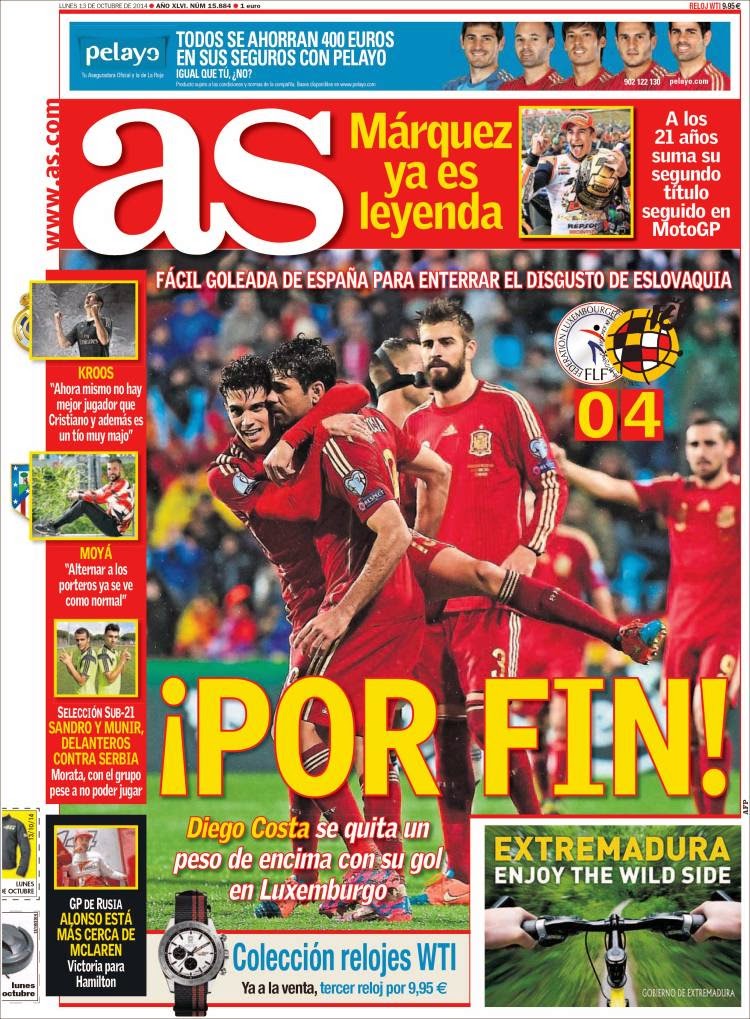 Diego Costa marca por fin ante Luxemburgo: las portadas