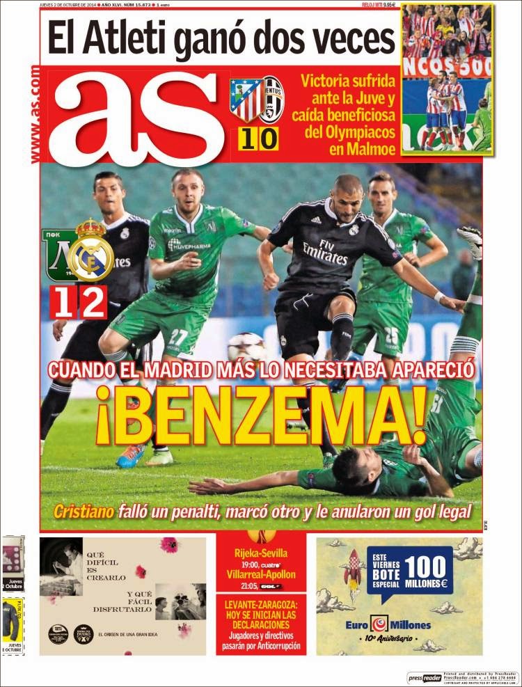 Portada AS: El Real Madrid vence al Ludogorets Portada AS: El Real Madrid vence al Ludogorets