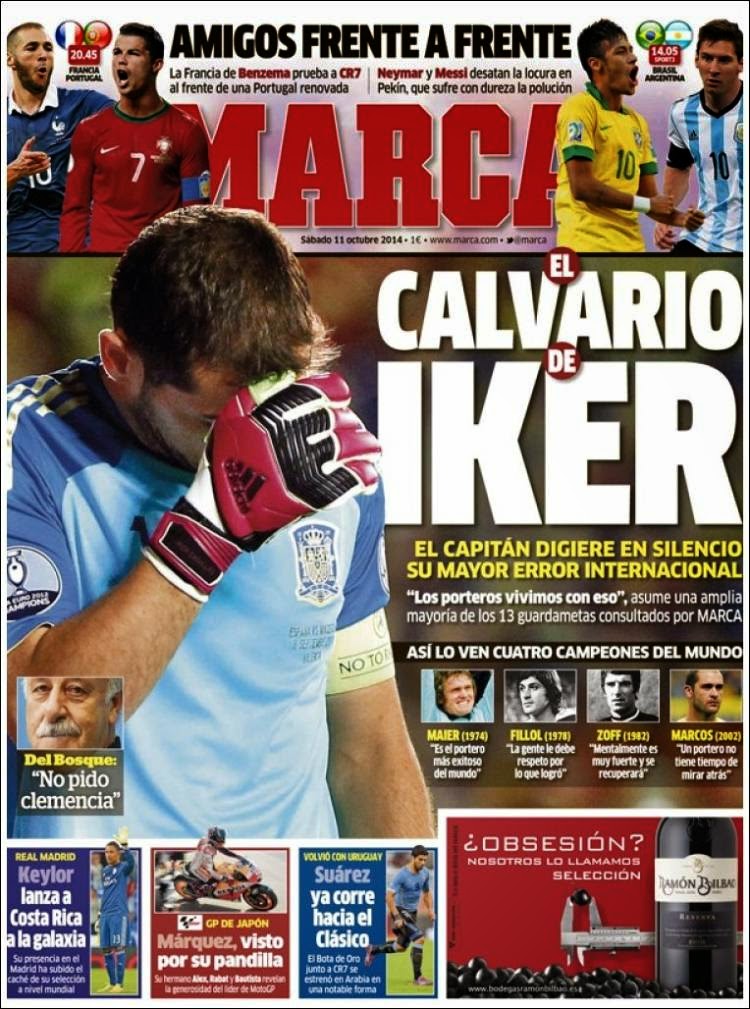 El calvario de Iker Casillas; hoy Brasil vs. Argentina: las portadas