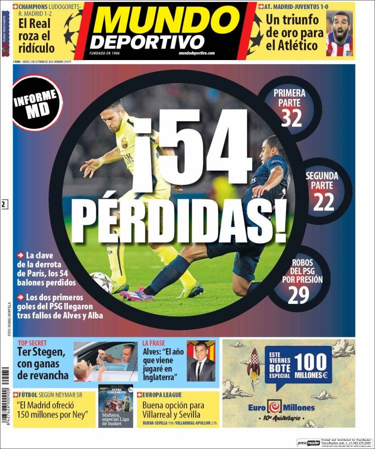 Portada Mundo Deportivo: informe Barça-PSG Portada Mundo Deportivo: informe Barça-PSG