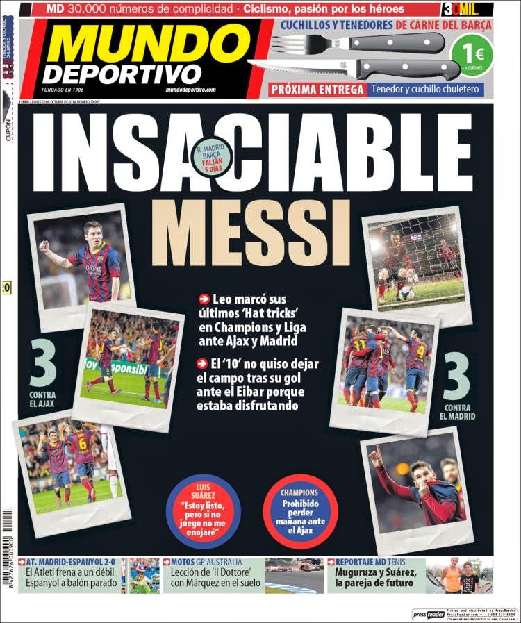 Portada Mundo deportivo: se viene el clásico español Portada Mundo Seportivo: messi insaciable se viene el clásico español madrid barça 2014