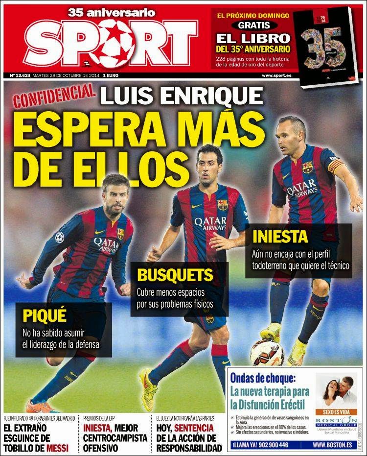 Portada Sport: se espera más del Barça Portada Sport: se espera más del Barça