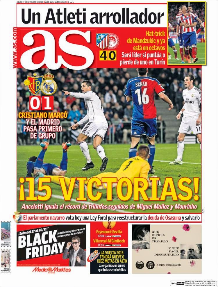 Portada AS: 15 victorias seguidas para Ancelotti Portada AS: 15 victorias seguidas para Ancelotti