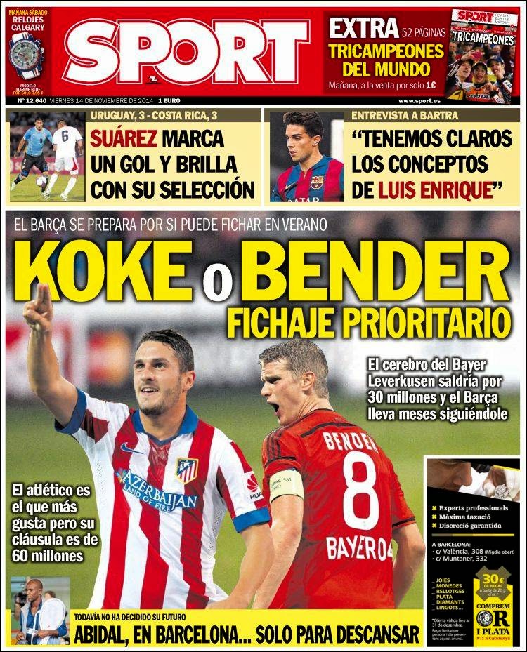 Portada Sport: Koke o Bender Portada Sport: Koke o Bender