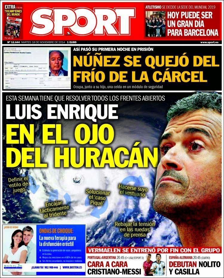 Portada Sport: Luis Enrique en el ojo del Huracán Portada Sport: Luis Enrique en el ojo del Huracán