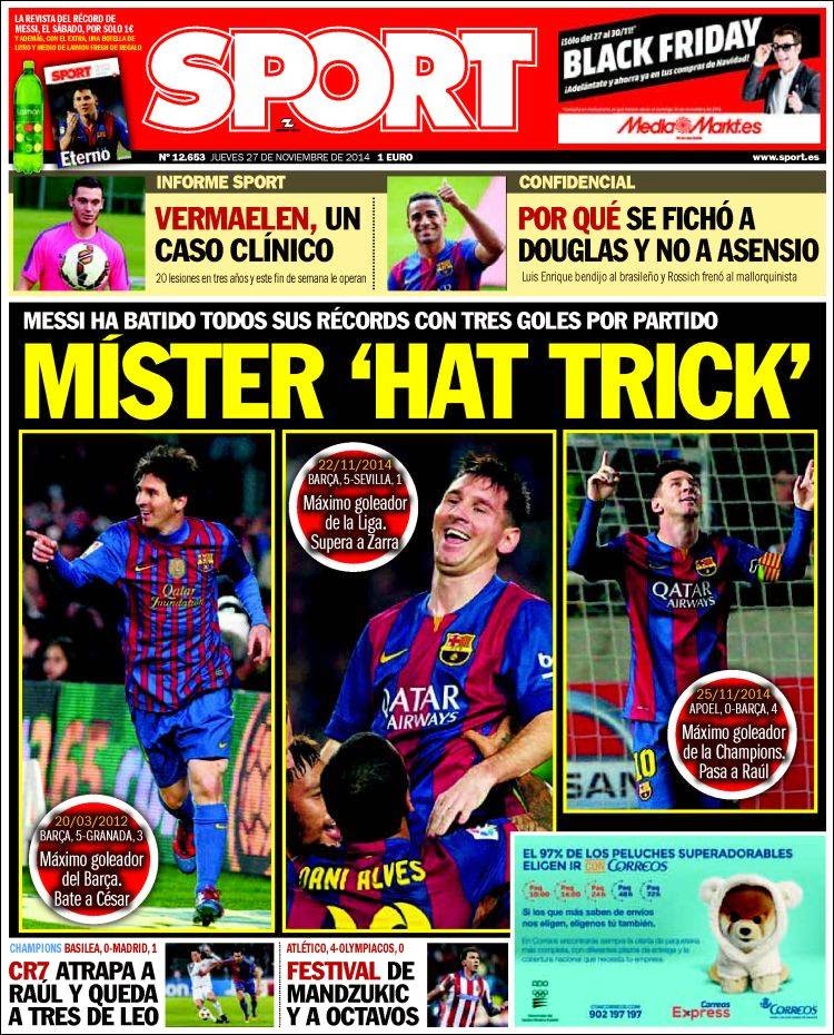 Portada SPORT: Messi es Mr. hat trick Portada SPORT: Messi es Mr. hat trick