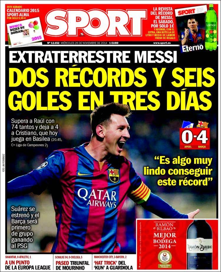 Messi el hombre récord a ritmo de hat-trick, superó a Raúl en Champions: portadas