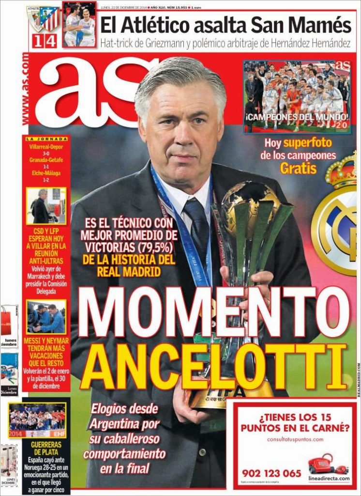Portada AS: Carlo Ancelotti con la Copa del Mundialito Portada AS: Carlo Ancelotti con la Copa del Mundialito