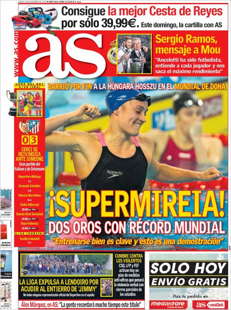 Portada As: Mireia Belmonte dos medallas de oro y dos récords Portada As: Mireia Belmonte dos medallas de oro y dos récords