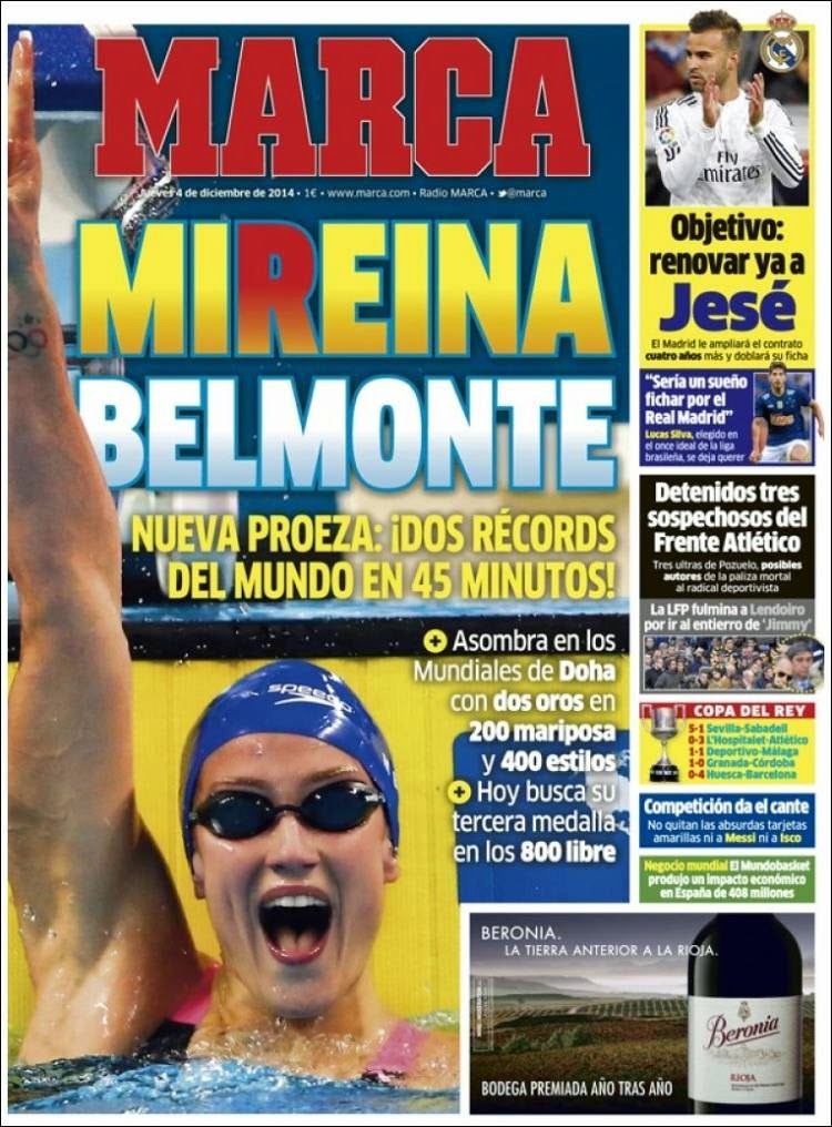 Portada Marca: Mireia Belmonte dos medallas de oro y dos récords Portada Marca: Mireia Belmonte dos medallas de oro y dos récords