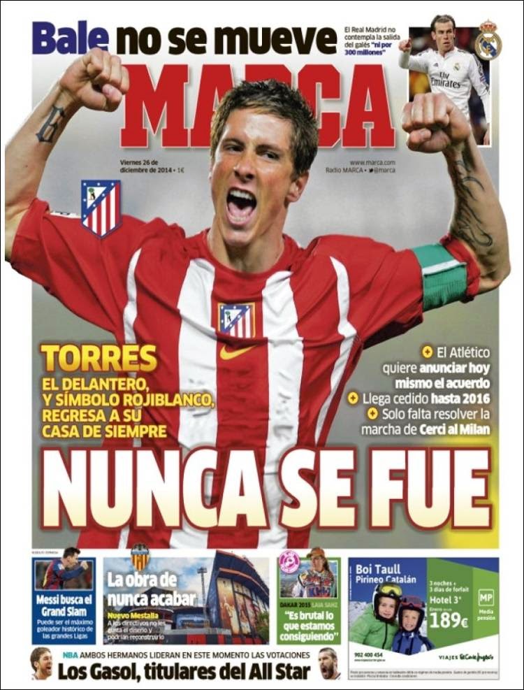 El niño Torres vuelve al Atlético, Bale no se mueve: las portadas