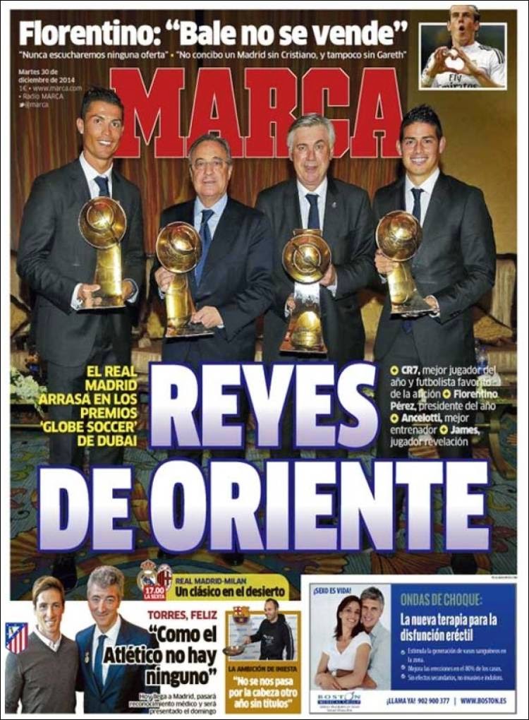 El Madrid Rey de Oriente, la receta de Iniesta para el 2015: las portadas