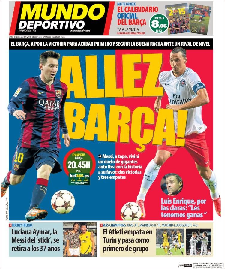 Portada Mundo Deportivo: Barça-PSG por la Champions League Portada Mundo Deportivo: Barça-PSG por la Champions League