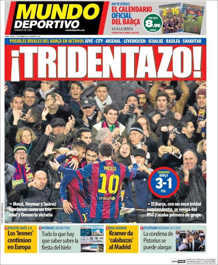 Portada Mundo Deportivo: el Barça clasifica a octavos con triplete del MSN Portada Mundo Deportivo: triplete del tridente msn barcelona 3 psg 1