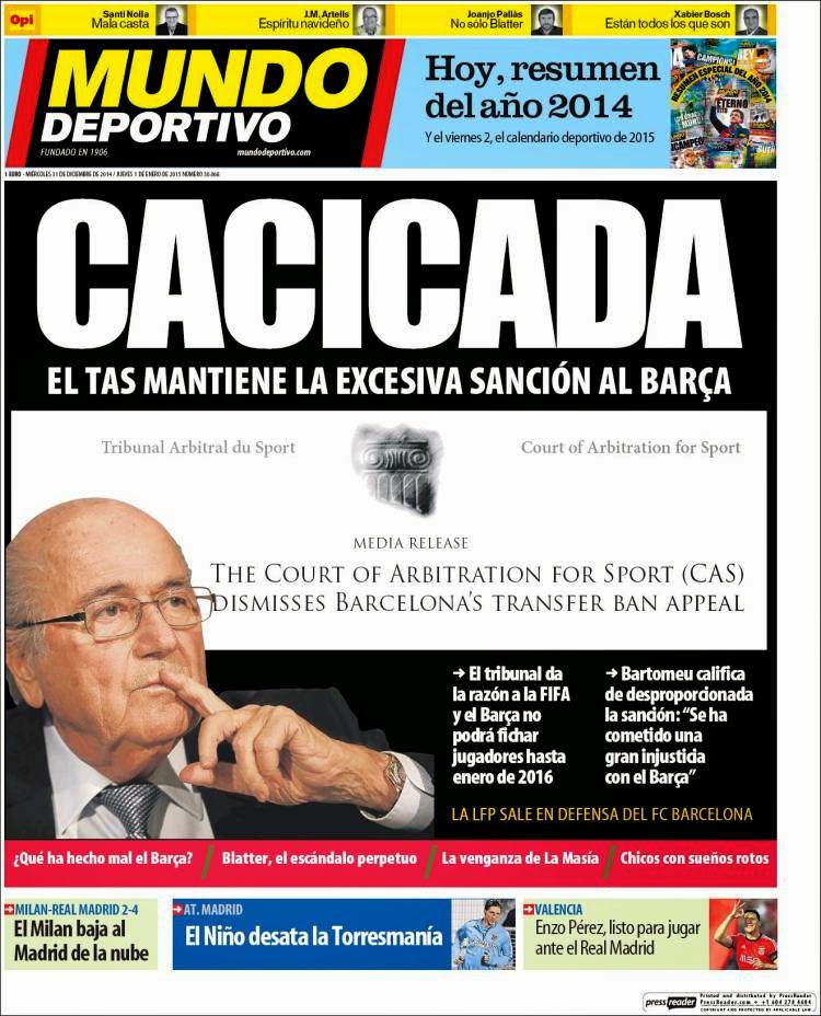 Portada Mundo Deportivo: sanción histórica del TAS al Barça Portada Mundo Deportivo: sanción histórica del TAS al Barça